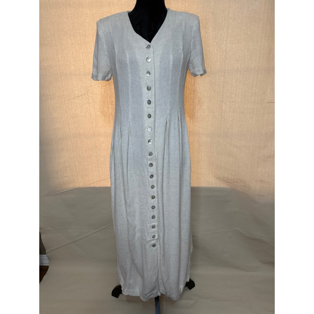 Vintage Button Front Maxi Dress Short Sleeve Shoulder Pads Back Tie Gray L/XL